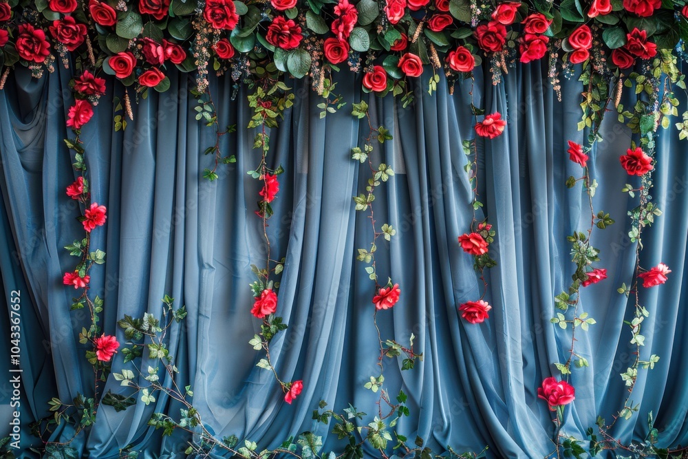 Poster imperial russian style deep navy studio backdrop with a matte finish, luxurious silver curtains, ado