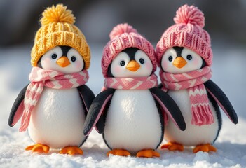 Fototapeta premium Cute Penguin Friends in Winter Hats and Scarves