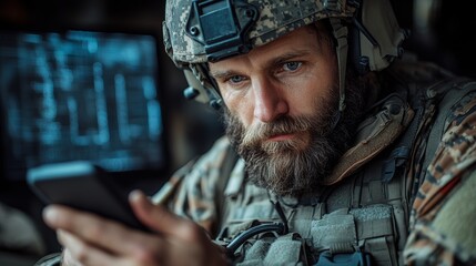 Fototapeta premium Holding a smartphone, a soldier examines a futuristic interface.