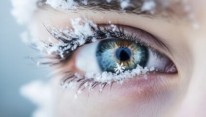 Close-up of Eye with Snowflakes on Eyelashes, Symbolizing Winter and Cold Weather