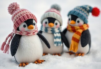 Fototapeta premium Cute Penguin Plush Toys Wearing Winter Hats and Scarves in Snow