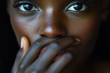 A close-up of a person’s hand covering their own mouth, signifying the internalization of censorship and self-restraint that comes from societal pressures.