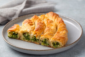 Turkish Tepsi Boregi, Round Borek, Tray pastry (Turkish name; rulo borek - ispanakli borek)