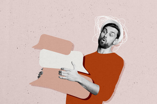 Composite photo collage of astonished man hold pile text box communication concept phrase message speech isolated on painted background