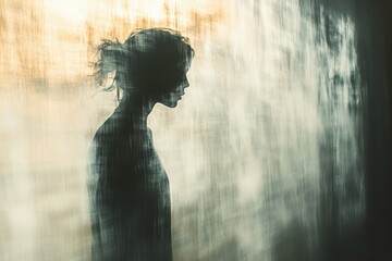 A figure with their face obscured by shadow, standing in front of a wall of static, symbolizing the confusion and ambiguity created by censorship, reflecting the challenges of clear communication.