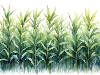 Fototapeta premium hand-painted watercolor illustration of tall, green sugar cane plants with lush leaves, presented against a clean, white background, showcasing the beauty of this tropical crop