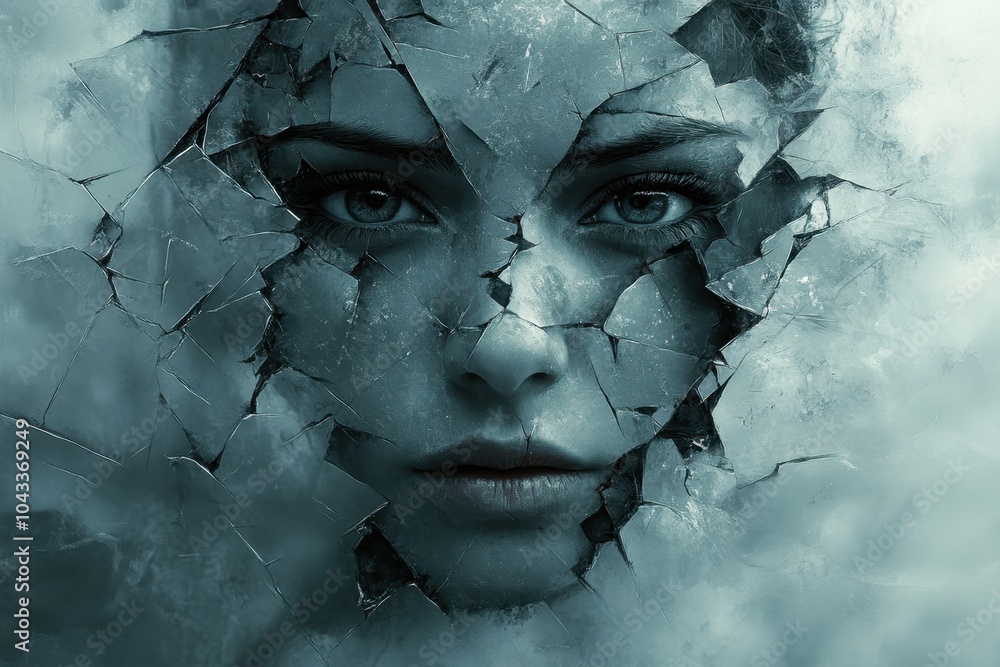 Poster a fragmented image of a face with missing pieces, symbolizing the incomplete narratives and stories 
