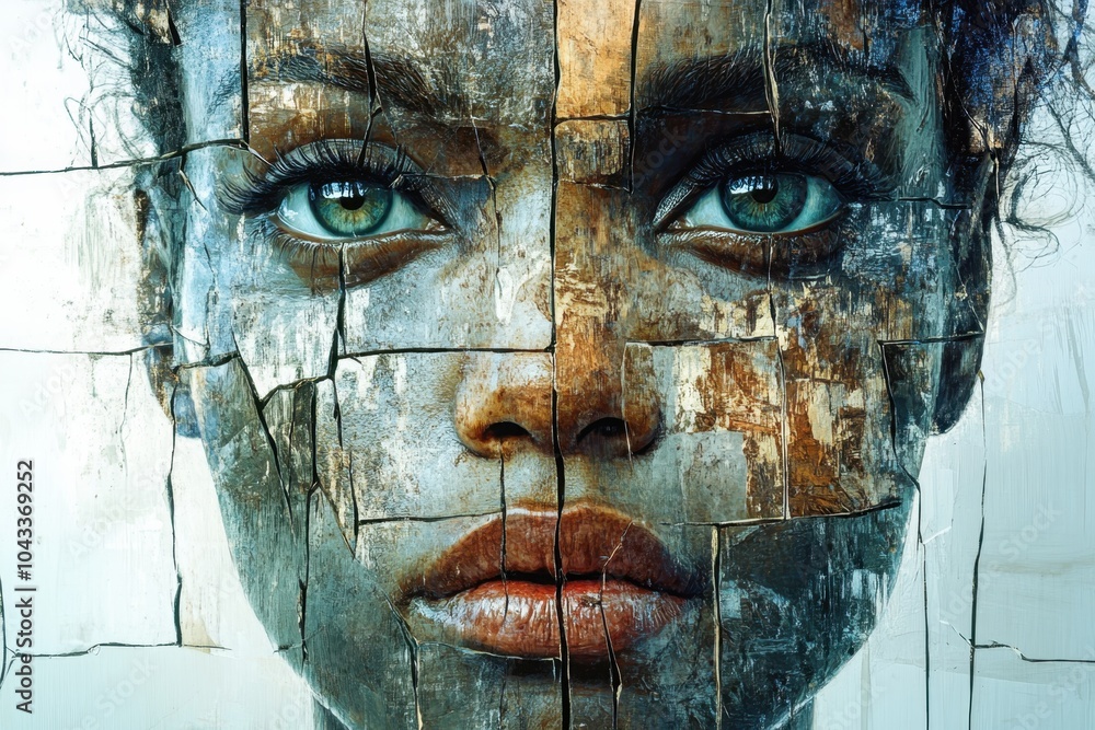 Poster a fragmented image of a face with missing pieces, symbolizing the incomplete narratives and stories 