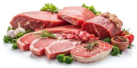 set of organic meat on white background