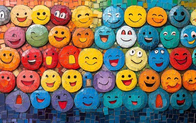 Vibrant mosaic of colorful emojis, displaying diverse emotions and expressions, symbolizing joy, unity, and creativity, lively and engaging design