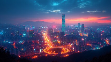 Fototapeta premium An aerial view of a busy urban intersection at night showed a vibrant cityscape with car trails