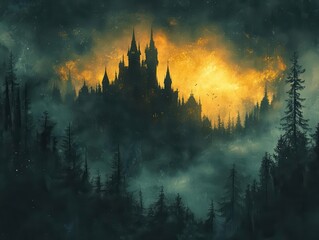 haunted castle silhouetted against a dark, eerie night sky, with ghostly apparitions and swirling mist, creating a spine-chilling atmosphere perfect for halloween-themed art and storytelling