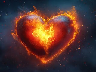 heart engulfed in vibrant flames, radiating passion and intensity, set against a dark background that enhances the fiery effect, symbolizing love and unyielding emotion