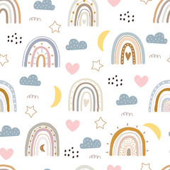 Nursery seamless pattern with cute characters. Rainbow with hearts, hand drawn in cartoon style. design for Newborn apparel, textiles and wallpaper