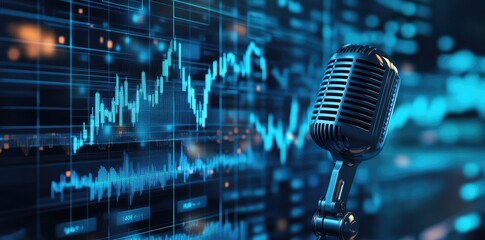 Glowing Retro Microphone with Blue Stock Market Chart in the Background for Podcast or Radio