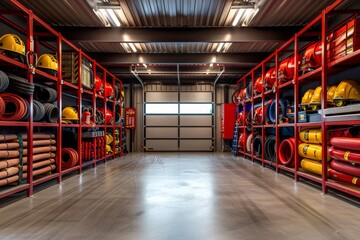Interior view of a spacious fire station garage, featuring neatly organized firefighting equipment, hoses, and tools, all illuminated by overhead lights