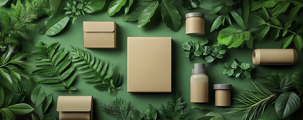 Artistic representation of sustainable packaging featuring greenery, highlighting ecofriendliness and the importance of natural products