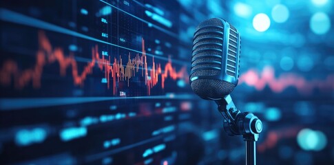 Glowing Retro Microphone with Blue Stock Market Chart in the Background for Podcast or Radio