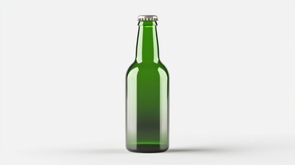 A green bottle of beer is sitting on a white background