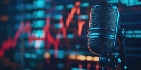 Glowing Retro Microphone with Blue Stock Market Chart in the Background for Podcast or Radio