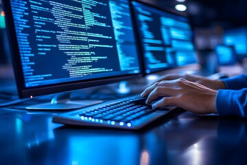 A person typing on a keyboard with code displayed on multiple monitors in a dark setting.