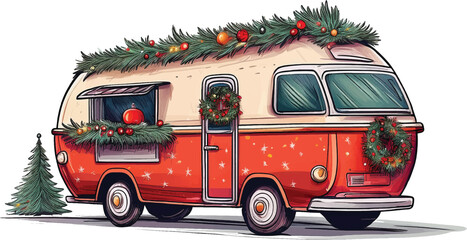 Retro red Christmas caravan drawing isolated on white, santa claus on the car, cartoon hand-drawing caravanAdobe Illustrator Artwork