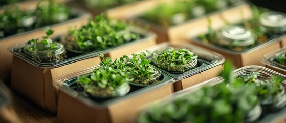 Closeup of ecofriendly packaging featuring live plants, emphasizing the connection between sustainability and natural product offerings