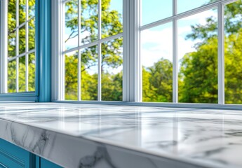 Close-Up of Marble Kitchen Countertop with Blue Cabinets and White Walls