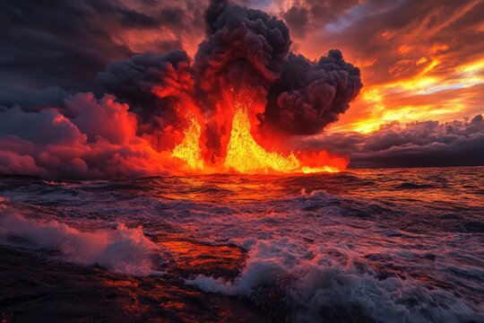 A large plume of smoke rises from the ocean, likely caused by a ship or industrial accident