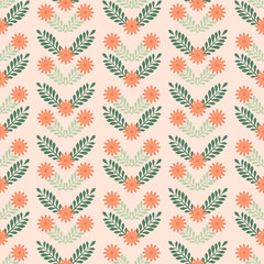 Modern smooth geometric abstract flowers calendula with branches in the folk Scandinavian style. Minimalistic ornament pastel beige background