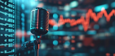 Glowing Retro Microphone with Blue Stock Market Chart in the Background for Podcast or Radio