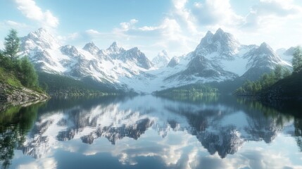 Calm mountain lake with crystal-clear water, mirroring the snow-capped peaks and creating a serene, stunning mirror effect