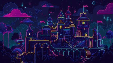Naklejka premium Colorful Neon Castle with Surrounding Landscapes