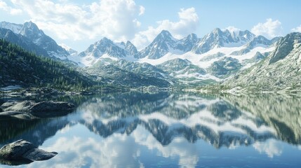 Naklejka premium Crystal-clear lake nestled among snow-capped mountains, with the peaks perfectly reflected in the still water