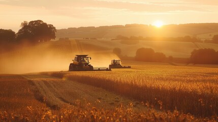 Fototapeta premium Farmers Harvesting Crops at Sunset in the Field