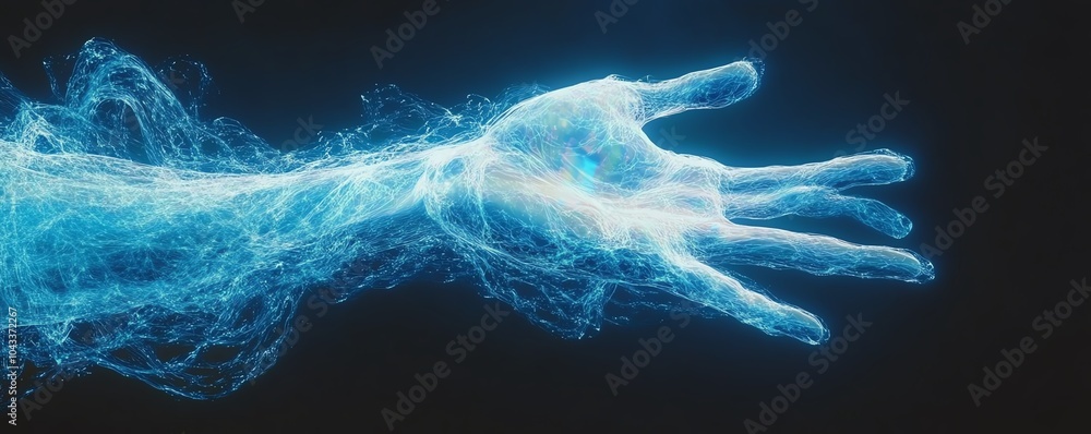 Poster digital hand interacting with flowing data streams, symbolizing aidriven video generation and automa