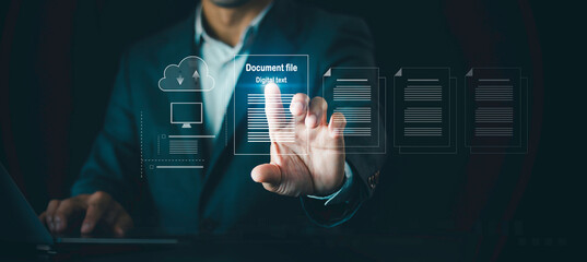 Digital text document files, document management concept, Businessman inspects data, file check,...