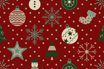 Christmas seamless pattern. Snowflakes,  Christmas ball and ornaments background design for decoration on Christmas card, banner, wrapping, wallpaper, textile, fashion.