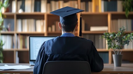 Graduation-capped student seated at a desk at home, focused on online learning via laptop and surrounded by notes