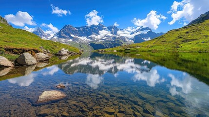 Fototapeta premium Pristine mountain lake reflecting the surrounding snow-capped peaks, creating a stunning mirror effect of nature's grandeur