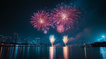 Fototapeta premium An impressive display of fireworks synchronizing with music, enhancing the experience at the International Fireworks Festival.