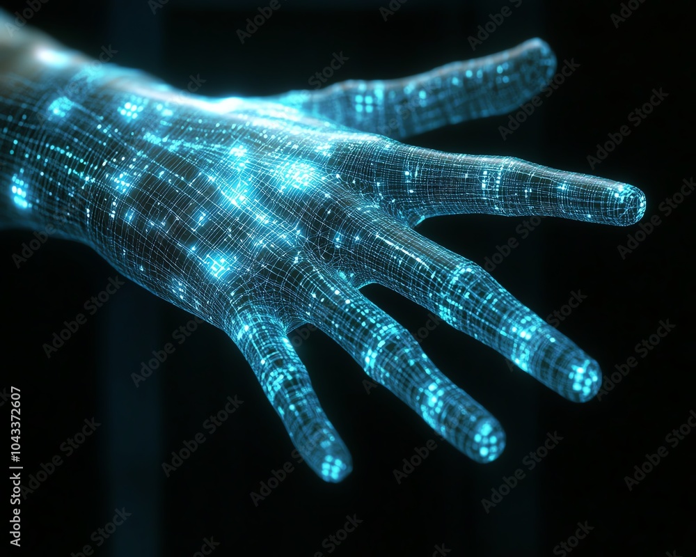 Poster dynamic image of a digital hand controlling data streams, symbolizing the fusion of ai and video pro