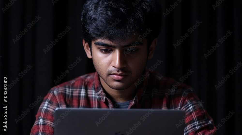 Poster a man is sitting in front of a laptop computer