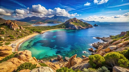 Fototapeta premium Rocky coast of south west Corsica overlooking Plage Mucchiu Biancu with Tour d Olmetto and coastline of Sardinia in distance