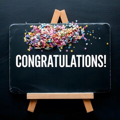 Black chalk board with congratulations text lettering & sprinkles on it