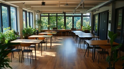 Fototapeta premium Bright open office with tables and chairs arranged on parquet floors, with greenery visible from the windows.