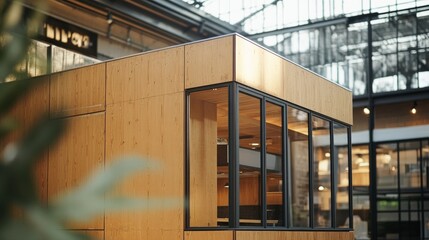 Obraz premium Close-up of a wooden modular home with glass windows, showcased in a modern industrial space.