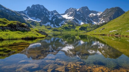 Fototapeta premium A clear mountain lake reflecting snow-capped peaks, with the water creating a perfect mirror of the surrounding natural beauty