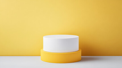 A simple, colorful backdrop with a round, white and yellow pedestal for displaying products. The design is modern and minimalist, perfect for showcasing cosmetics or other items.