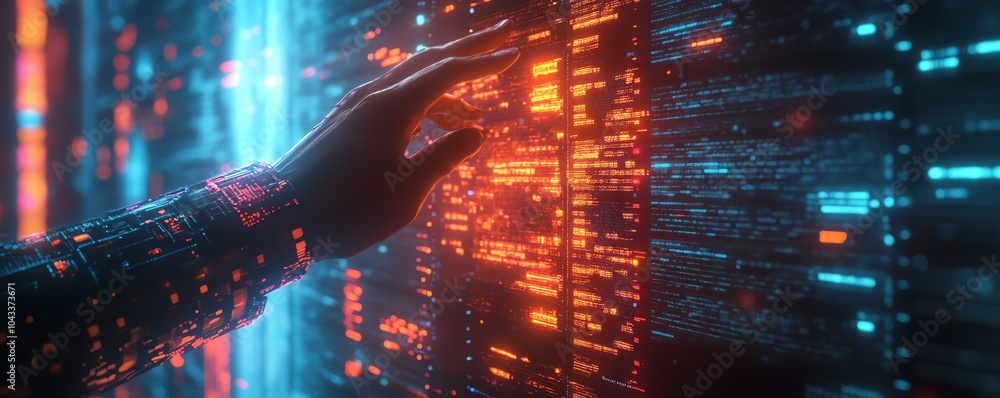 Poster futuristic scene of a digital hand interacting with animated data streams, highlighting the concept 